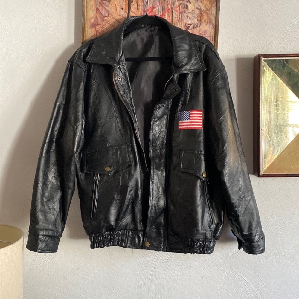VINTAGE GENUINE LEATHER VINTAGE BIKER JACKET GOD BLESS AMERICA MENS SIZE L